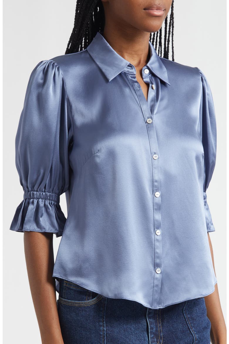 Fiona Ruffle Cuff Silk Button-Up Shirt, Alternate, color, IRIS SLATE