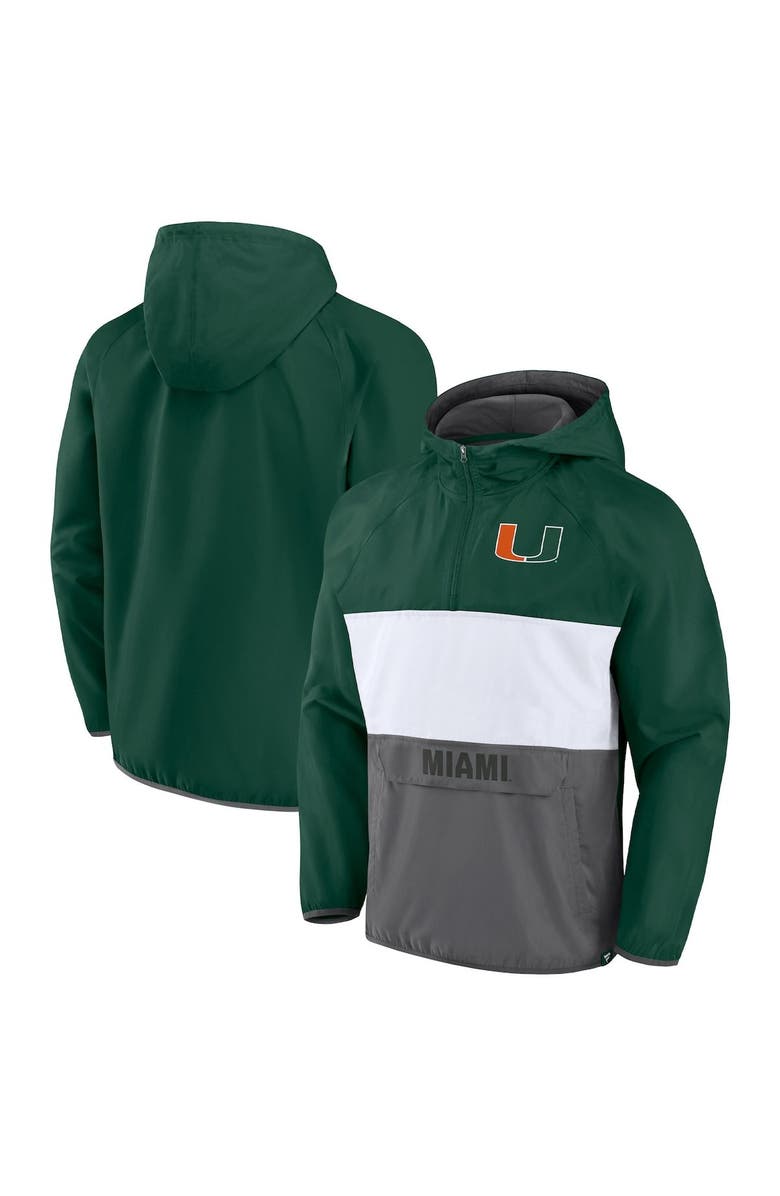 FANATICS Men's Fanatics Branded Green/Heather Gray Miami Hurricanes Victory On Raglan Quarter-Zip Hoodie, Main, color, 