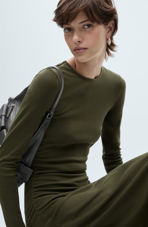 Mango Long Sleeve Stretch Cotton Midi Dress In Khaki Green