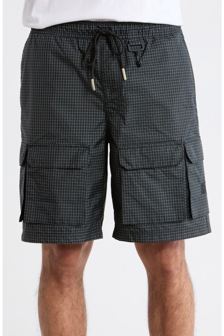 Tahoe Check Print Nylon Blend Drawstring Cargo Shorts, Alternate, color, BLACK
