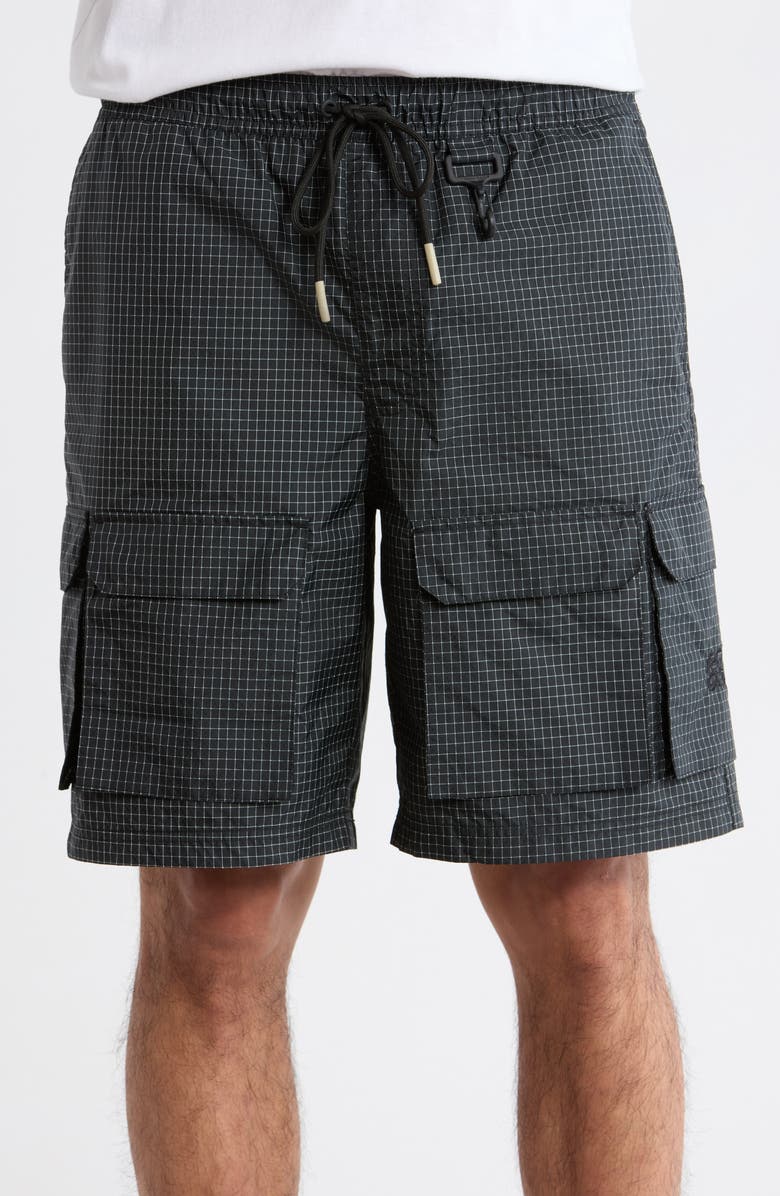 RC Outdoor Supply Tahoe Check Print Nylon Blend Drawstring Cargo Shorts, Alternate, color, Black