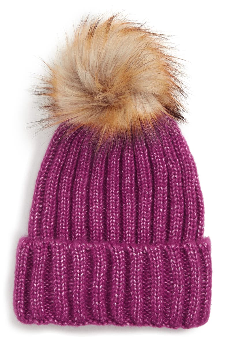 Faux Fur Pom Knit Beanie, Main, color, FUCHSIA COMBO
