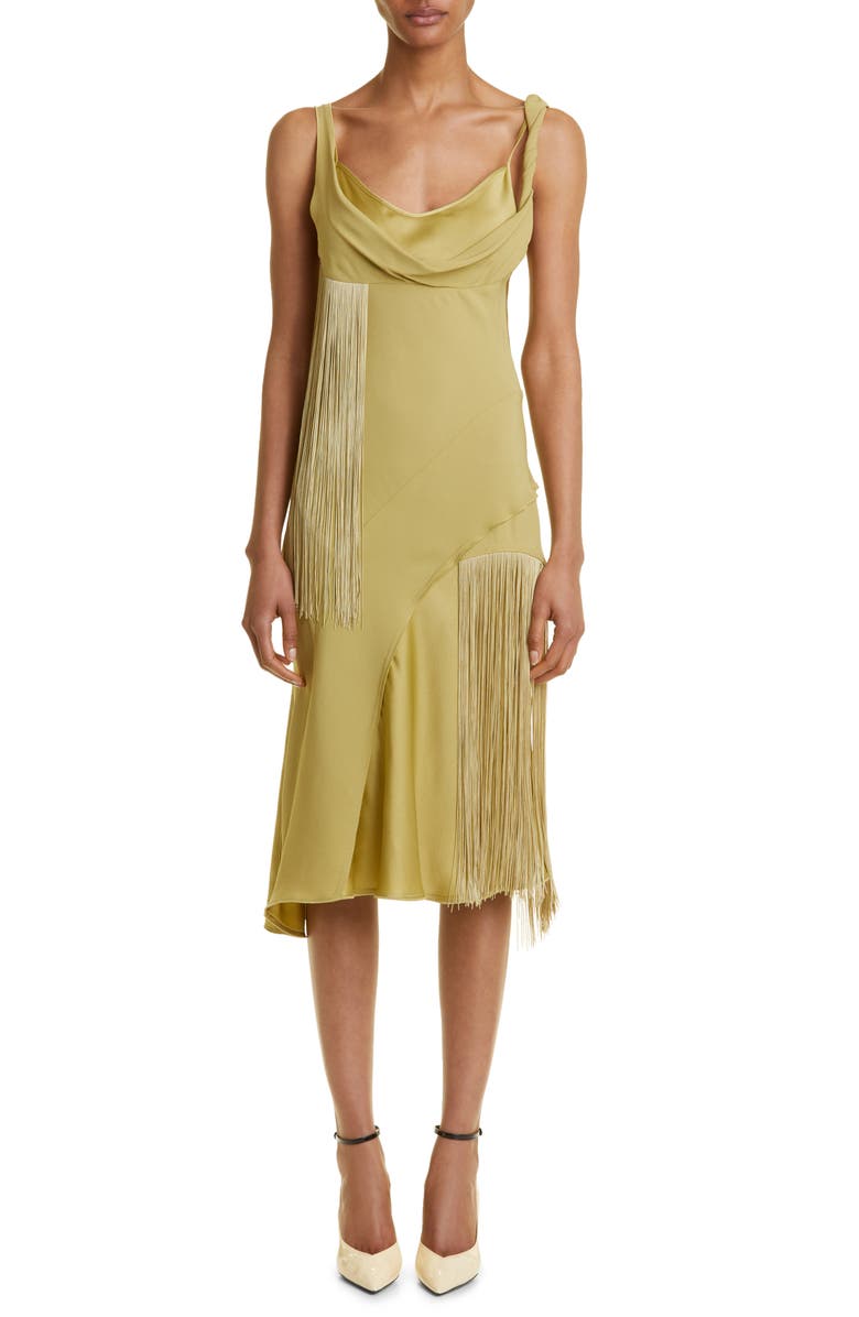 Victoria Beckham Asymmetric Cowl Neck Fringe Satin Minidress, Main, color,