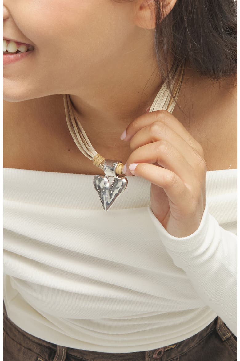 Silk Thread Blend Necklace With Leather And Heart Detail In Sterling Silver, Alternate, color, Silver/Beige