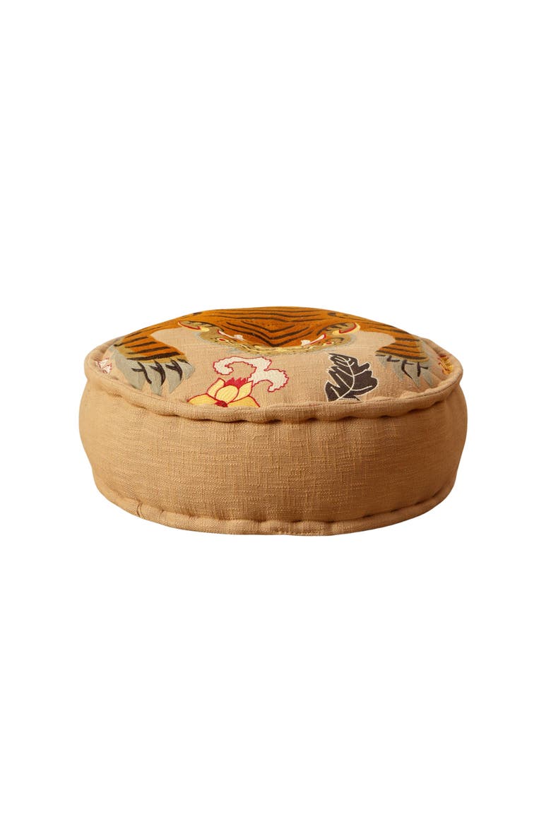 Floor Pouf with Tiger Print Embroidery, Main, color, Beige