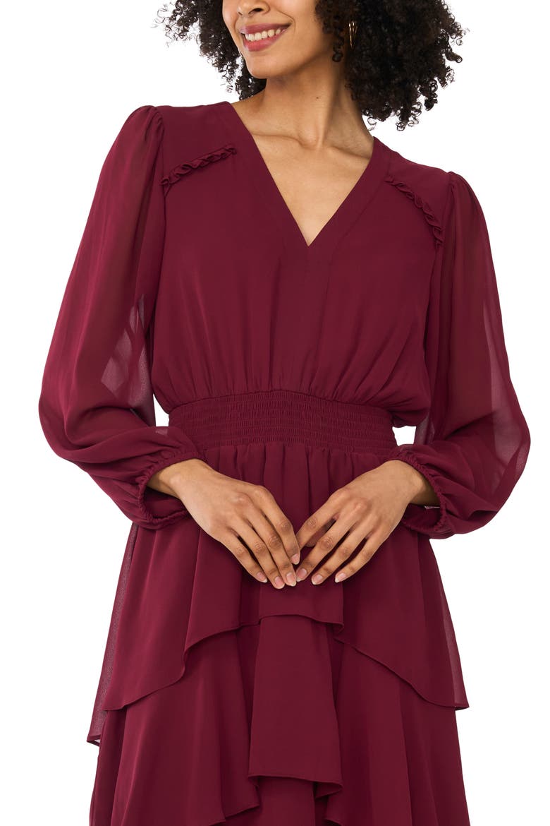 Smocked Waist Long Sleeve Tiered Midi Dress, Alternate, color, CRISP MERLOT