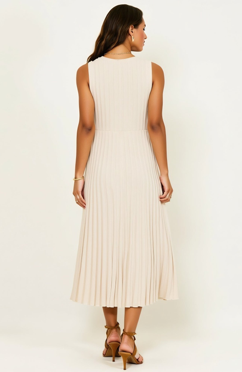 Modenaire Sleeveless Ribbed Knit Midi Dress With Flowy Pleated Hem In White