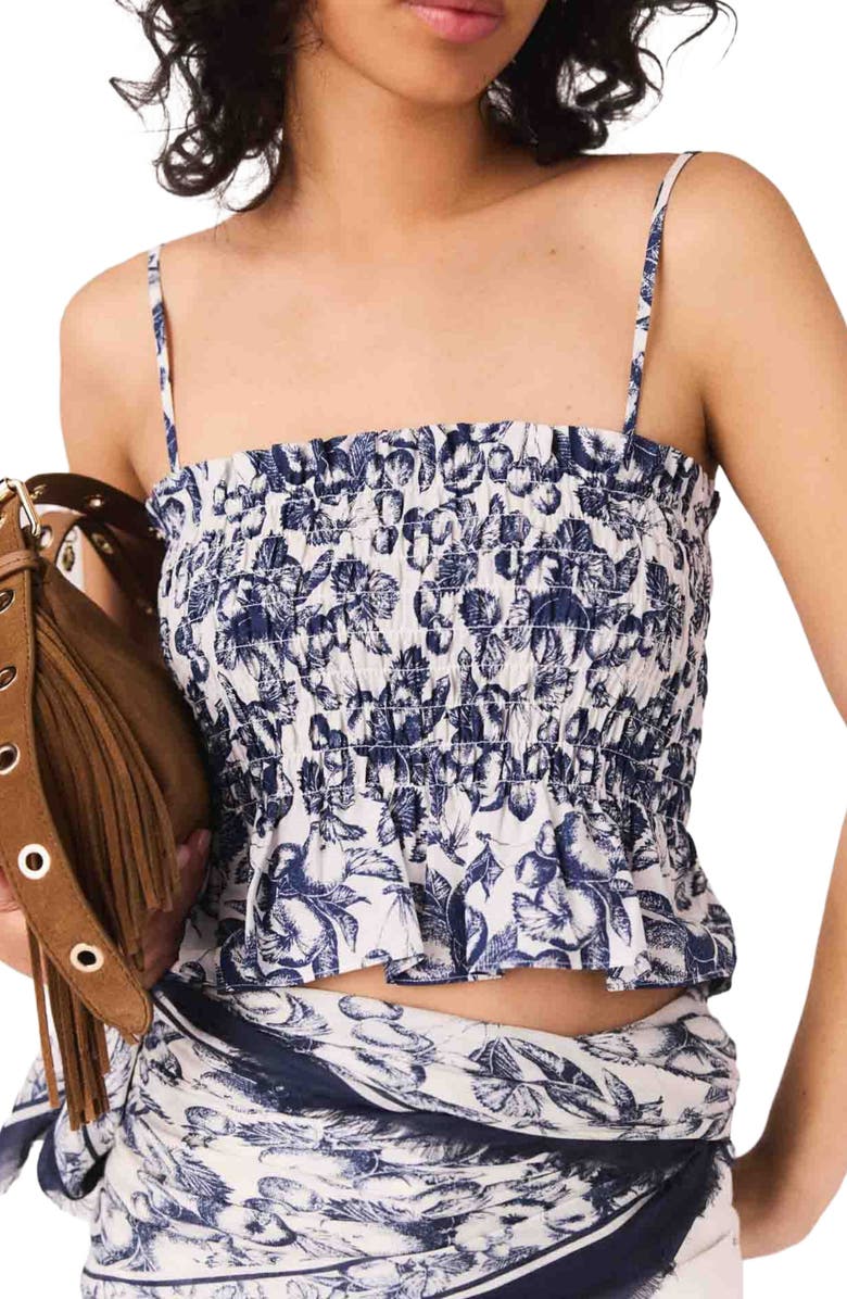 maje Fruit printed smocked top, Alternate, color, Blue Fruits Print