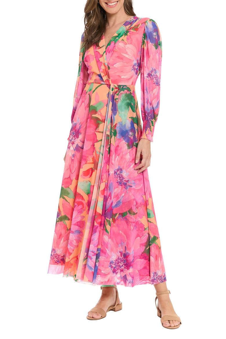 Floral Long Sleeve Mesh Faux Wrap Maxi Dress, Main, color, PEACH/ HOT PINK