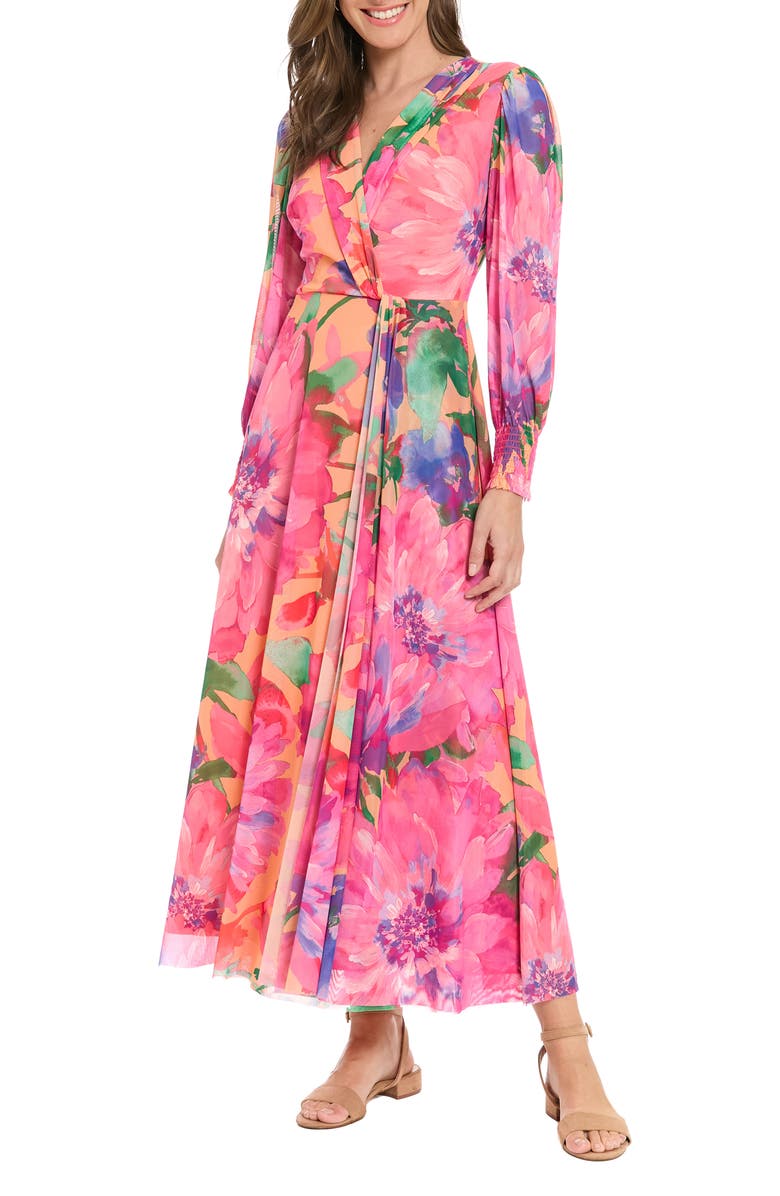 London Times Floral Long Sleeve Mesh Faux Wrap Maxi Dress, Main, color, Peach/ Hot Pink