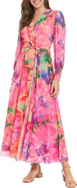 London Times Floral Long Sleeve Mesh Faux Wrap Maxi Dress