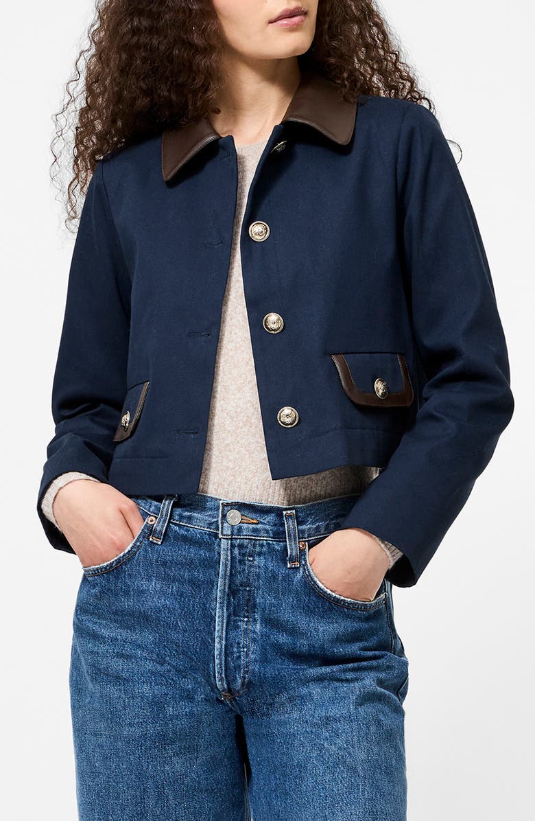 French Connection Denim Jacket with Faux Leather Trim, Main, color, Marine