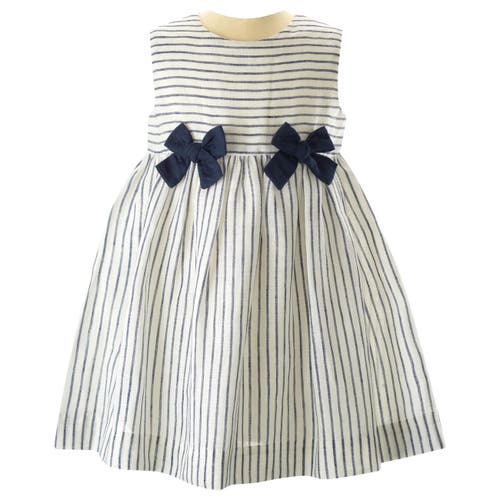 Rachel Riley Stripe Linen Bow Dress In Navy