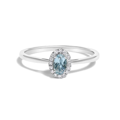 10K White Gold Oval and Diamond Accent Halo Birthstone Ring