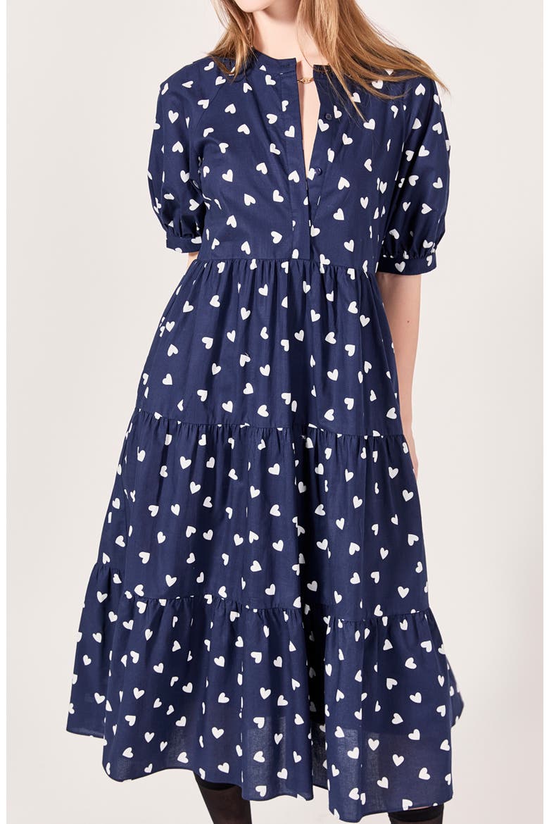Heart Print Short Sleeve Tiered Cotton Midi Dress, Alternate, color, NAVY/ WHITE