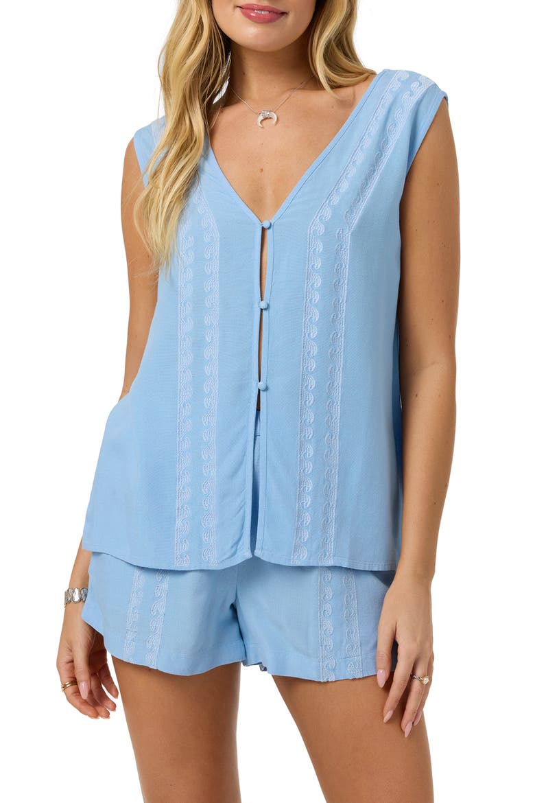 Farren Embroidered Sleeveless Button-Up Top, Main, color, BLUE GLASS