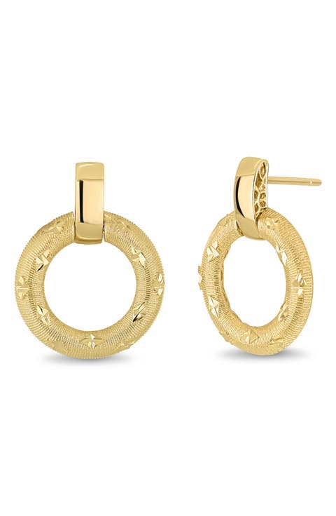 14K Yellow Gold Textured Circle Drop Earrings