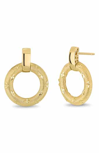 14K Yellow Gold Textured Circle Drop Earrings