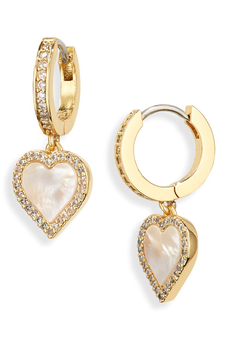 mother-of-pearl heart huggie hoop earrings, Main, color, CLEAR/ GOLD
