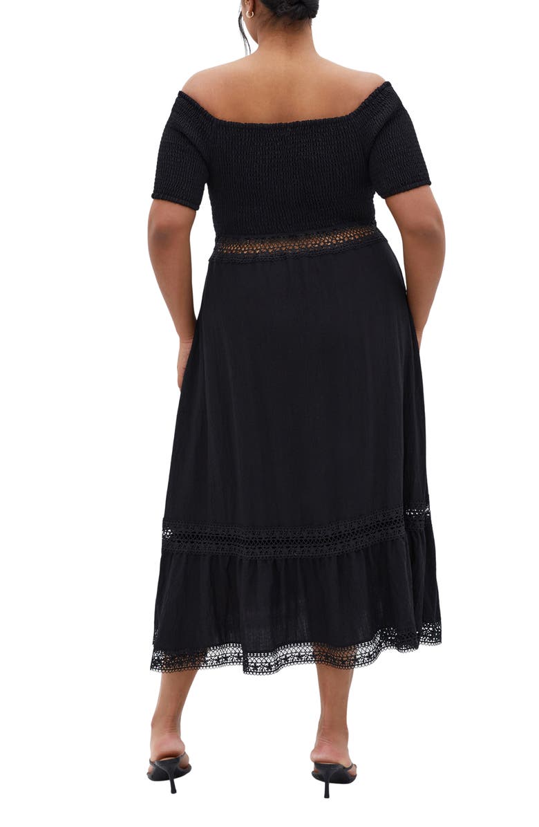 City Chic Aura Smocked Off-the-Shoulder Midi Dress, Alternate, color, Black