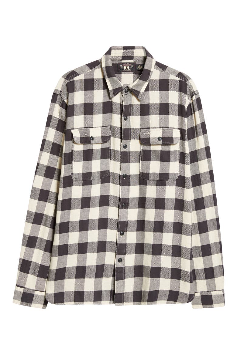 Check Cotton & Linen Flannel Button-Up Shirt, Alternate, color, BLACK/ CREAM