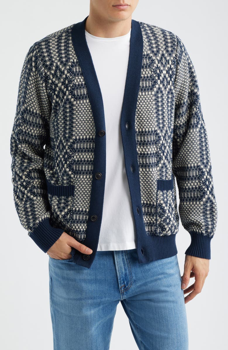 Corridor Overshot Geometric Intarsia Cardigan, Main, color, Mountain Blue