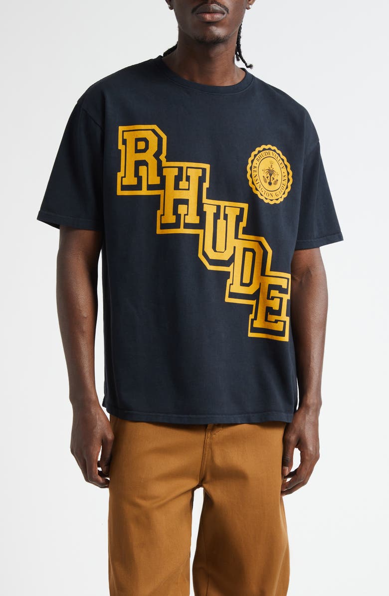 Rhude Collegiate Crest Graphic T-Shirt, Main, color, Vintage Black / Yellow 0027
