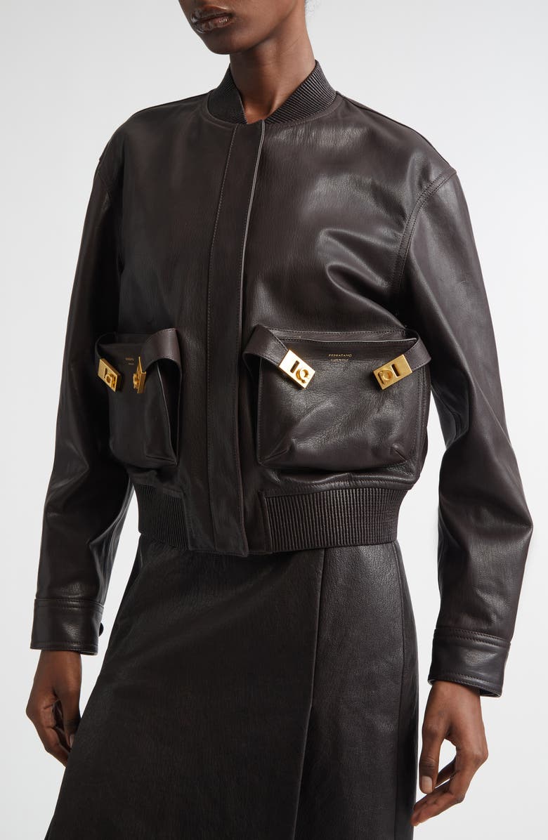 FERRAGAMO Hug Buckle Leather Bomber Jacket, Alternate, color, Expresso