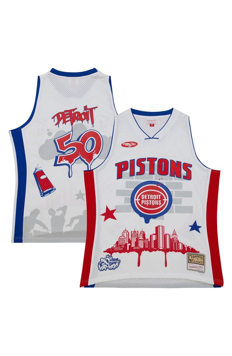 Mitchell & Ness Men's Mitchell & Ness x Tats Cru White Detroit Pistons Hardwood Classics Fashion Jersey, Main, color, White