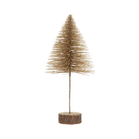 Plastic Bottle Brush Tree with Glitter & Wood Slice Base, Champagne