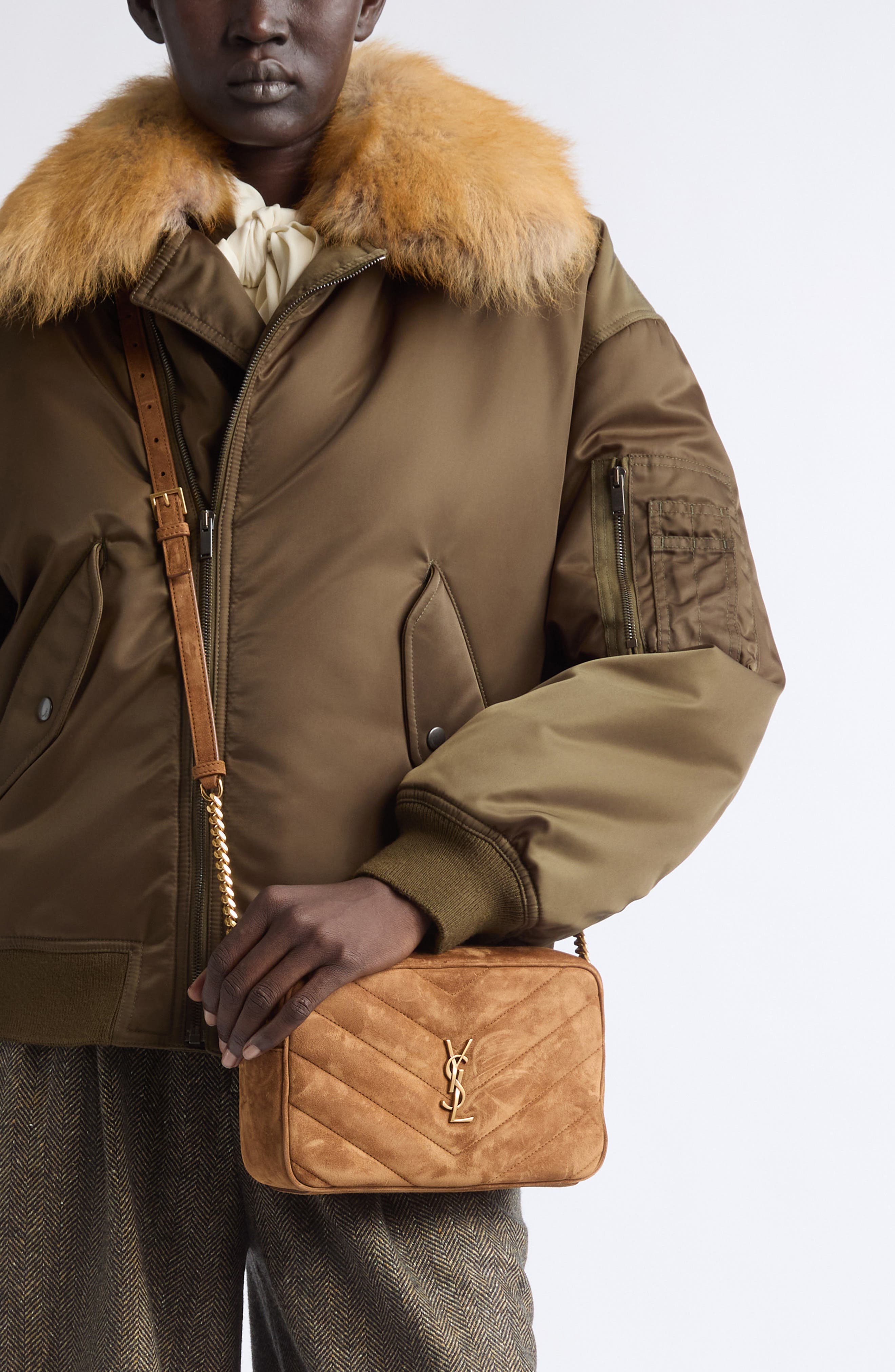 Loulou Matelassé Suede Camera Bag, Alternate, color, CARAMEL COGNAC