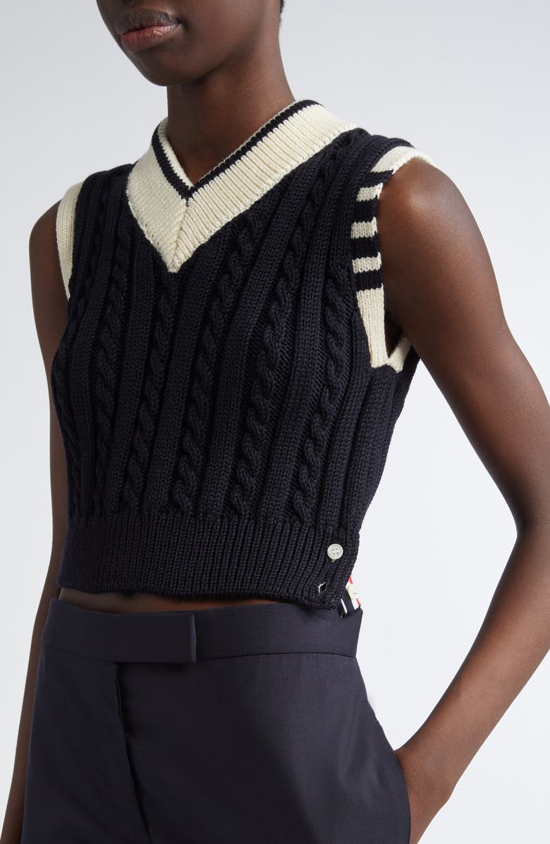 Thom Browne Cable Knit 4-Bar Virgin Wool Sweater Vest, Alternate, color, Navy