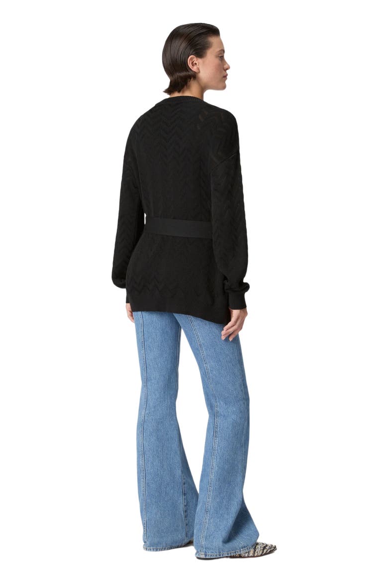 Cardigan In Cotton And Viscose Chevron With Belt, Alternate, color, Black