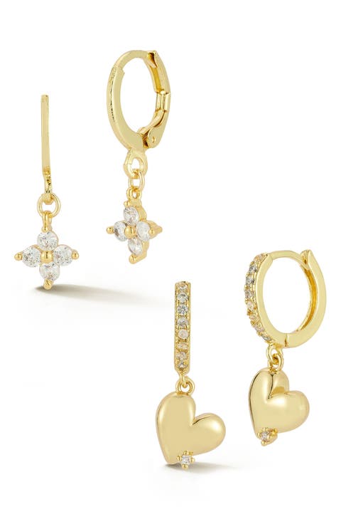 Set of 2 Cubic Zirconia Clover & Heart Drop Huggie Hoop Earrings