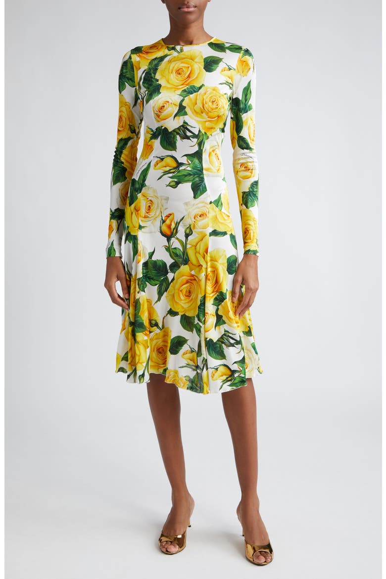 Rose Print Long Sleeve Dress, Main, color, ROSE GIALLE