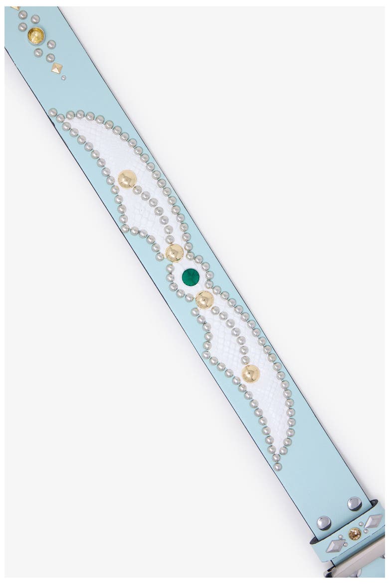 Stud Leather Belt, Alternate, color, AQUA/ WHITE