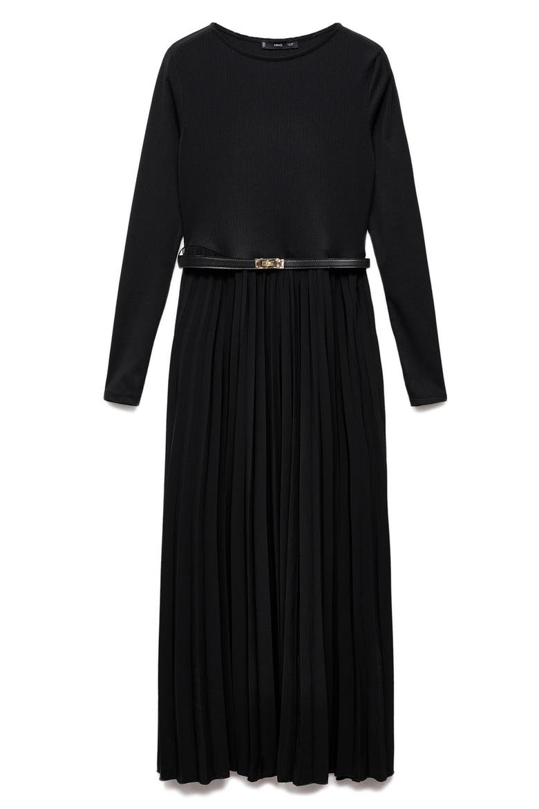 Pleated Belted Maxi Dress, Alternate, color, BLACK