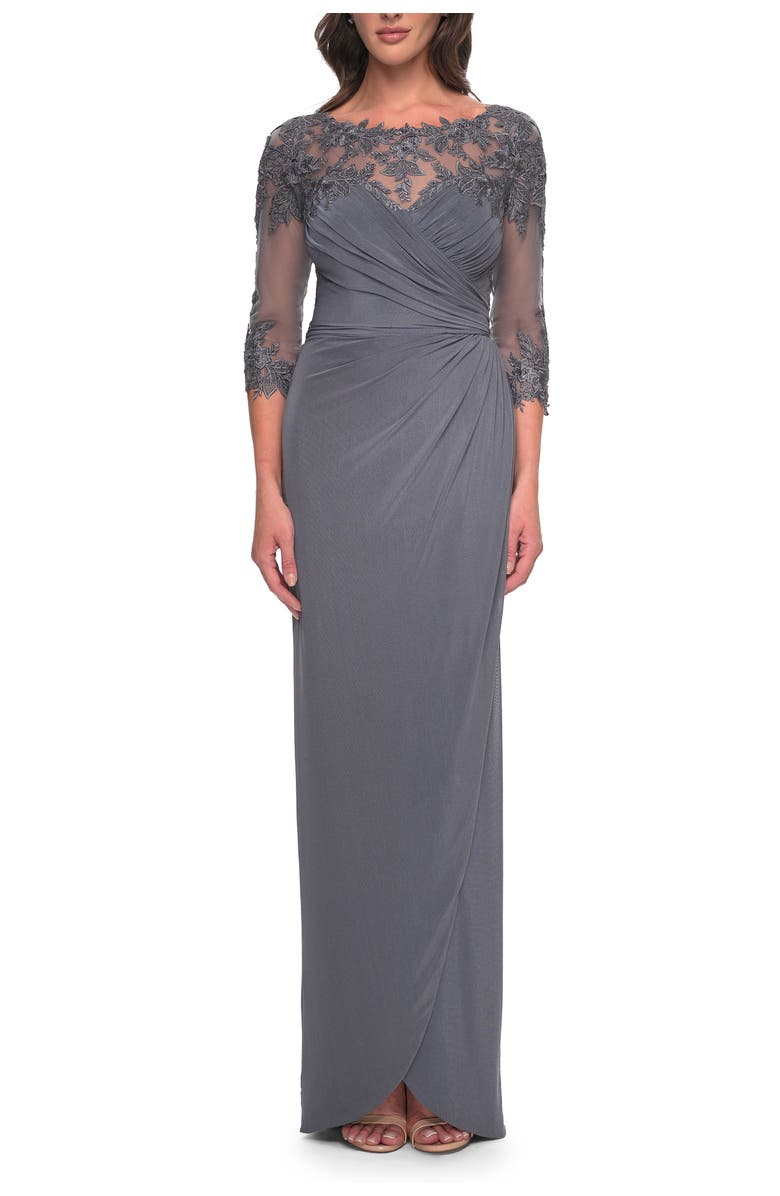 La Femme Long Jersey Evening Dress with Lace Detail Neckline and Sleeves, Main, color, Gunmetal