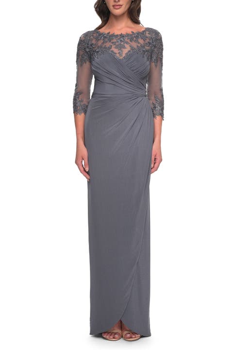 Long Jersey Evening Dress with Lace Detail Neckline and Sleeves