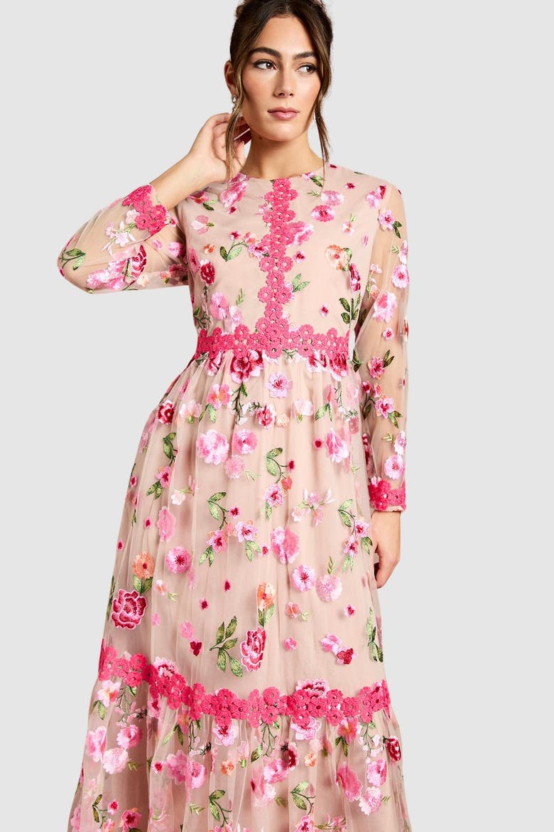 Embroidered Floral Midi Dress, Alternate, color, Nude