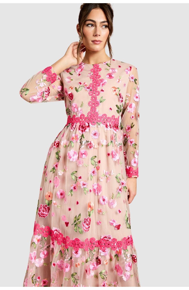 Coast Embroidered Floral Midi Dress, Alternate, color, Nude