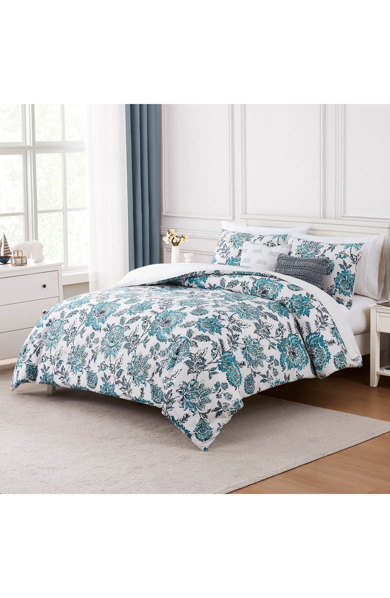 Modern Threads Floral Print Microfiber 5-Piece Comforter Set, Alternate, color, White/ Teal