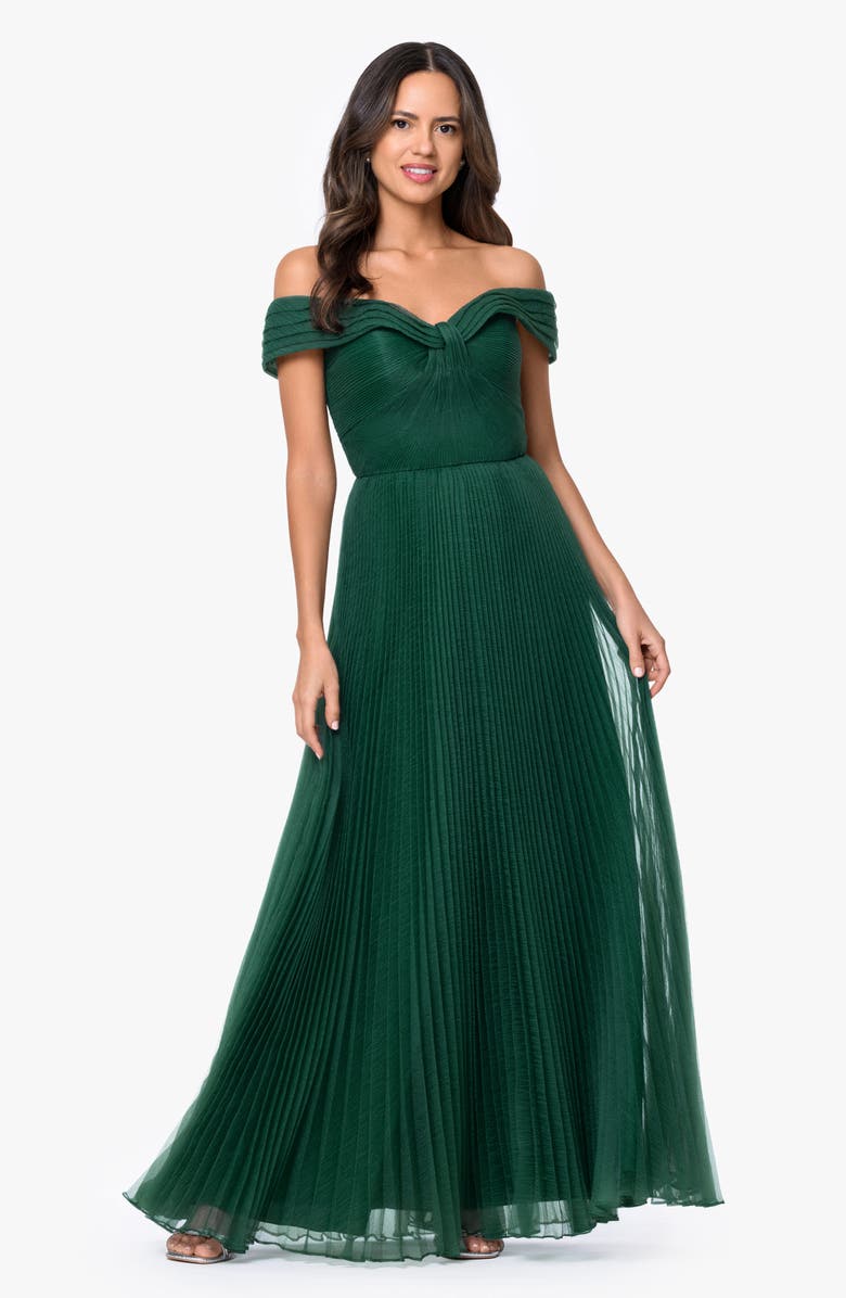 Xscape Evenings Off the Shoulder Pleated Organza Gown, Alternate, color, Hunter