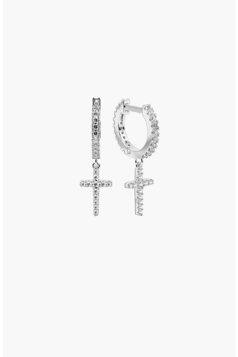 Luminous Pavé Cross Huggie Hoop Earrings, Alternate, color, Sterling Silver