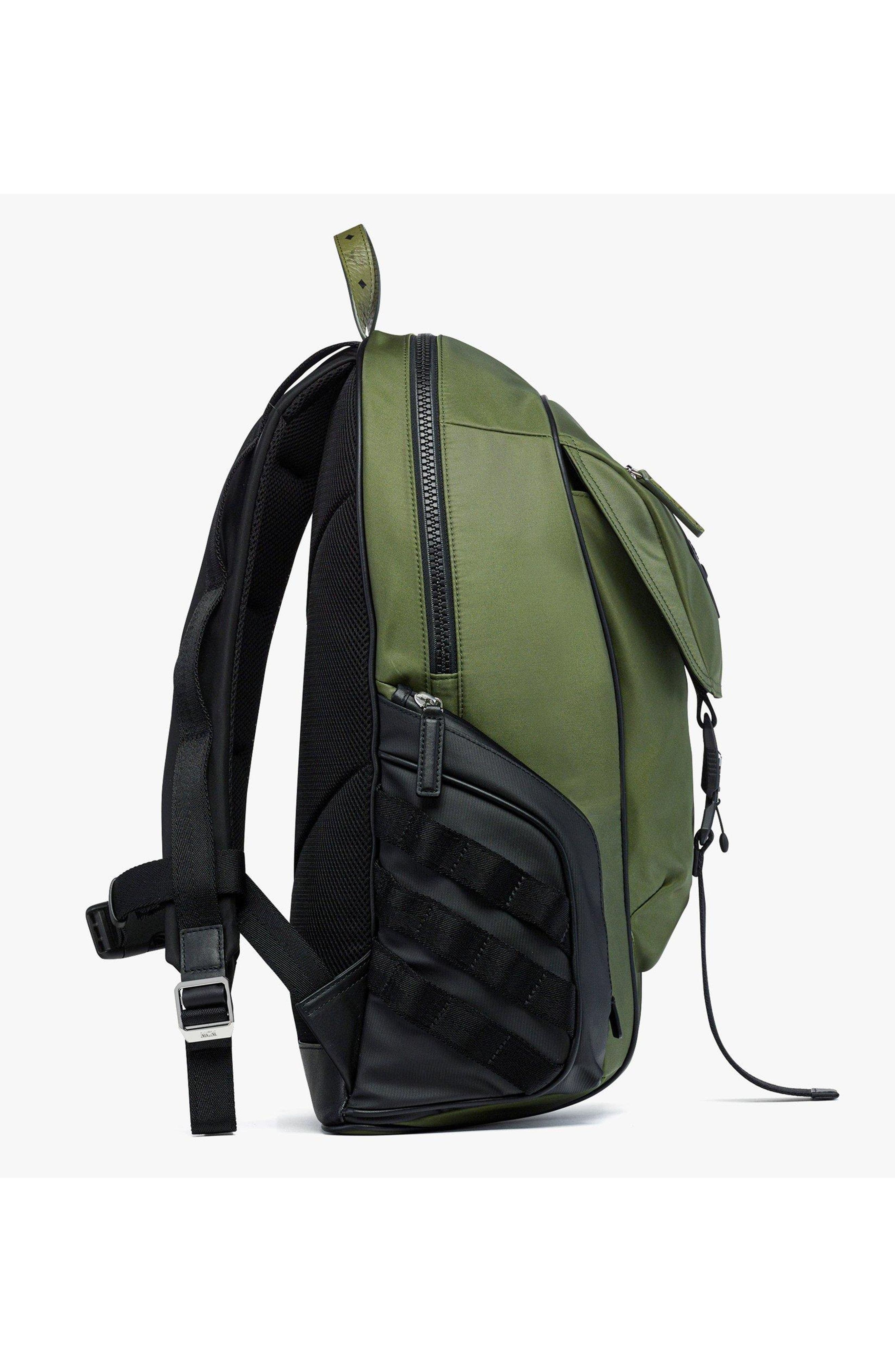MCM Aren Backpack in ECONYLÂ<sup>®</sup> and Monogram Print Leather, Alternate, color, Khaki Moss
