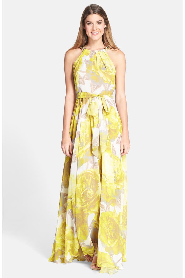 Beaded Print Chiffon Maxi Dress, Main, color, YELLOW