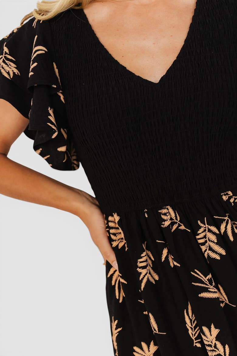 Estelle Smocked Midi Dress, Alternate, color, Black + Tan Print