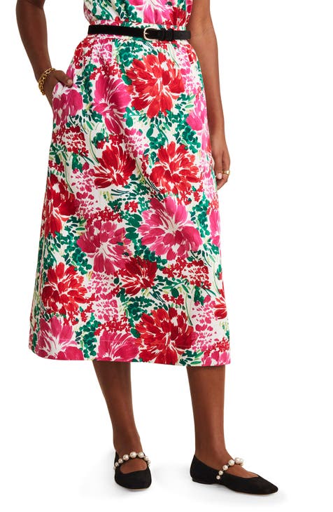 Floral Cotton & Silk Faille Midi Skirt