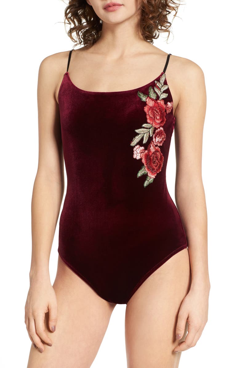 Socialite Embroidered Velvet Bodysuit, Alternate, color,