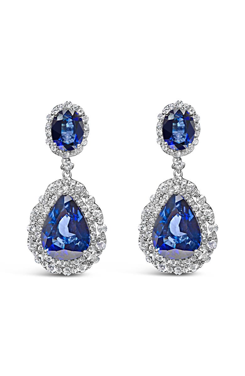 Haus of Brilliance 18K White Gold Blue Sapphire 2 3/4 Cttw Diamond Halo Drop Dangle Earring, Main, color, White
